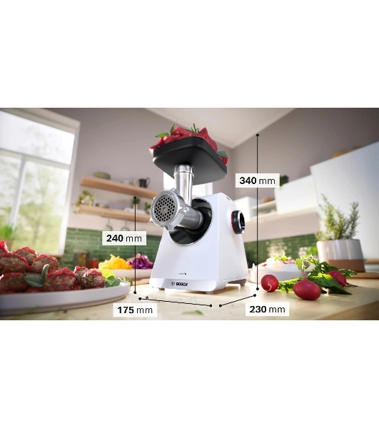 Мясорубка электрическая Bosch MFWS609W белый/черный, 2100 Вт, 3.5 кг/мин, реверс, насадки - 4