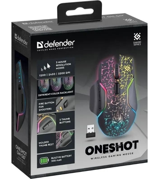 Мышь беспроводная Defender Oneshot GM-067 черный, 3200 dpi, радиоканал, USB, кнопки - 7