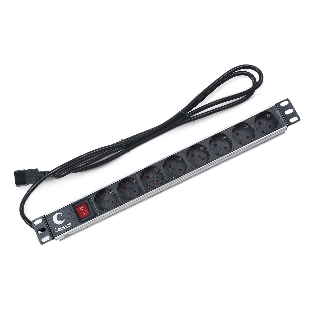 Блок силовых розеток Cabeus, Shuko х 8, вход IEC 320 C14, для шкафов, шнур 2 м, 50х490х50 мм (ВхШхГ), 10А, выключатель, черный