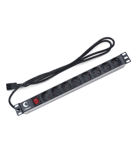 Блок силовых розеток Cabeus, Shuko х 8, вход IEC 320 C14, для шкафов, шнур 2 м, 50х490х50 мм (ВхШхГ), 10А, выключатель, черный