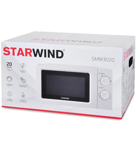 Микроволновая печь Starwind SMW3020 белый, 20 л, 700 Вт, переключатели - поворотный механизм