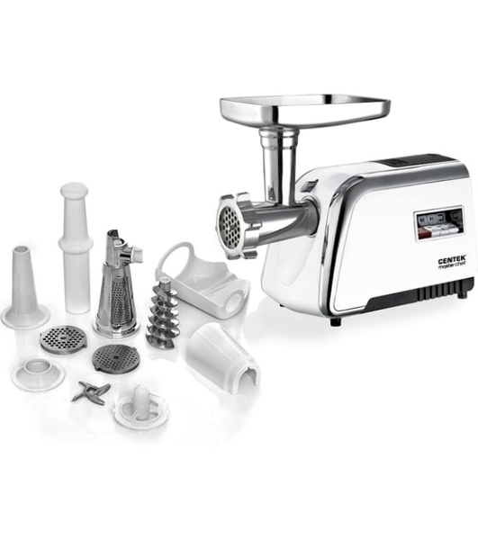 Мясорубка электрическая Centek CT-1602 Juice белый, 2000 Вт, 2.0 кг/мин, реверс, защита от перегрузки, металлический лоток, насадки - 5