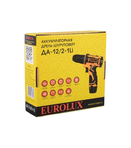 Дрель-шуруповерт Eurolux ДА-12/2-1Li, 12 В, 1.5 Ач, 25 Нм, щеточный