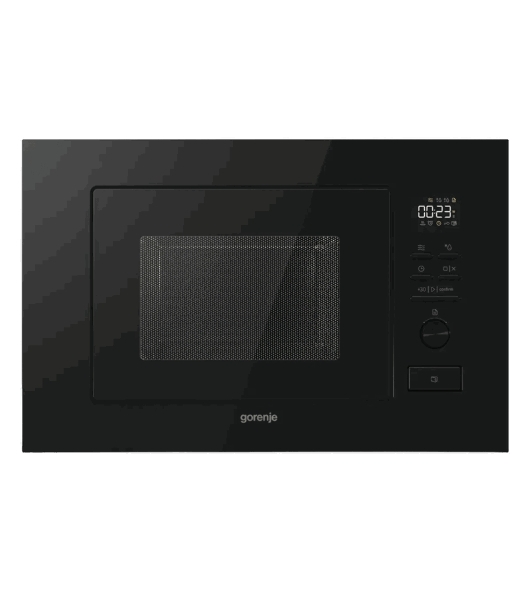 Встраиваемая микроволновая печь Gorenje, 20 л, 5 уровней мощности, 8 автопрограмм, электронное управление/утапливаемый переключатель, дисплей, гриль, поворотный стол, пошаговое приготовление, быстрый старт, черный