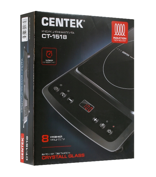 Плита настольная электрическая Centek CT-1518 чёрный, 2 кВт, индукция, конфорки - 1, стеклокерамика, сенсор