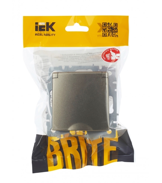 Розетка 1-местная BRITE IEK РСбш10-3-БрШ (BR-R16-16-K37) с заземлением, с защитными шторками и крышкой, 16А, IP20, шампань