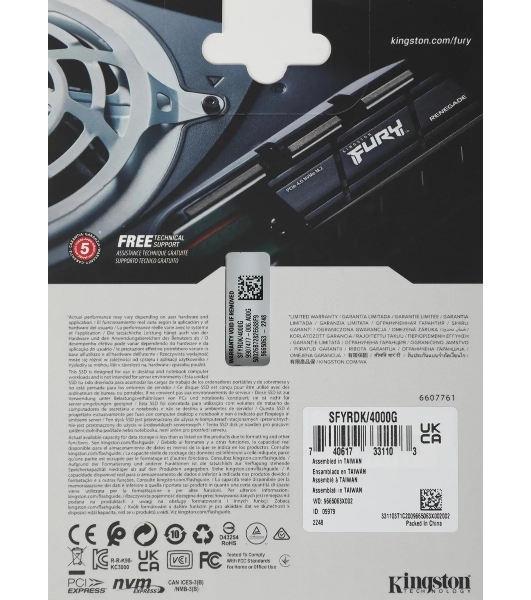 Накопитель SSD Kingston Fury Renegade, 4Tb, PCIe 4.0 x4, M.2 2280, NVMe, R/W 7300/7000, с радиатором