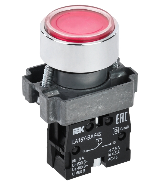 Кнопка LA167-BAF42 d=22мм 1р красная IEK