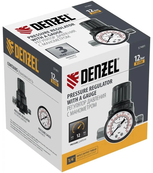 Регулятор давления с манометром Denzel R1500, 12 бар, 1/4'