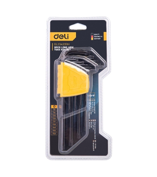 Набор шестигранных ключей ';TORX'; удлиненных Deli DL234209H 9 шт Материал CR-V. Спецификация: T10,T15,T20,T25,T27,T30,T40,T45,T50, пластиковый держатель