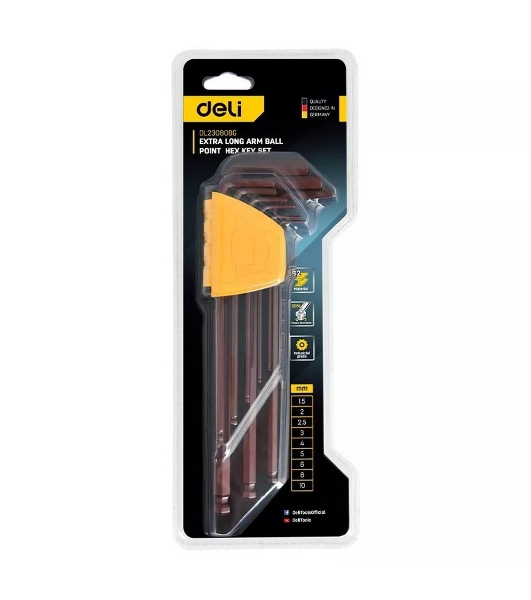Ключ Deli Набор шестигранных ключей с шаром сверхдлинных Deli DL230809G 9 шт Cr-V, размеры 1,5,2,2,5,3,4,5,6,8,10мм, пластиковый держатель