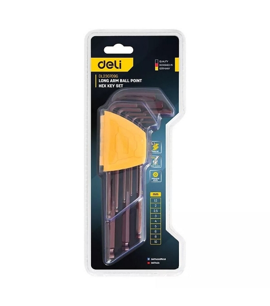 Ключ Deli Набор шестигранных ключей с шаром удлиненных Deli DL230709G 9 шт S2, размеры 1,5,2,2,5,3,4,5,6,8,10мм, пластиковый держатель