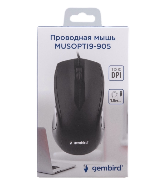 Мышь проводная Gembird MUSOPTI9-905U черный, 1000 dpi, USB, кнопки - 3