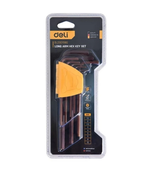 Ключ Deli Набор шестигранных ключей удлиненных Deli DL230708G 9шт S2, размеры 1,5,2,2,5,3,4,5,6,8,10мм, пластиковый держатель