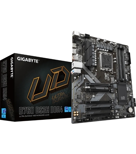 Материнская плата Gigabyte B760 DS3H DDR4, LGA 1700, Intel B760, 4xDDR4, 4xSATA, 2xM.2, 1xPCIe 4.0 x16, 4xPCIe 3.0 x1, 1xHDMI, 1xDP, 1x 1Gb LAN, 1xUSB 3.2 Gen 2, 1xUSB 3.2 Gen 2x2, 4xUSB 2.0, 3x3.5 мм, 7.1, ATX