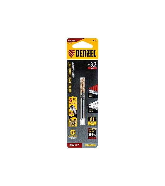 Сверло спиральное по металлу Denzel 3,2 x 65мм, Р6М5, Golden Tip, многогранная заточка, 2 шт.