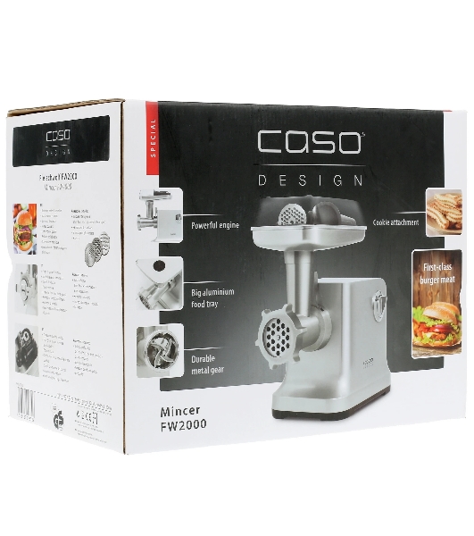 Мясорубка электрическая CASO FW 2000 серебристый, 2000 Вт, 2.5 кг/мин, реверс, защита от перегрузки, насадки - 5