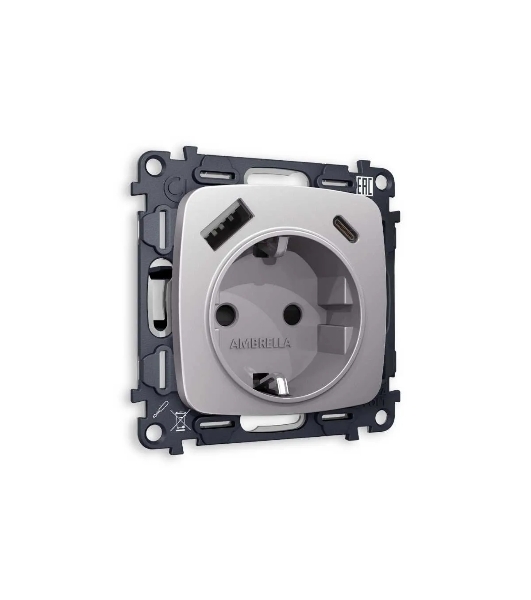 Комплект механизма электрической розетки OMEGA Сталь матовый 2USB A+C 20W (быстрая зарядка) с/з QUANT (OP5100, VM160) MO510010