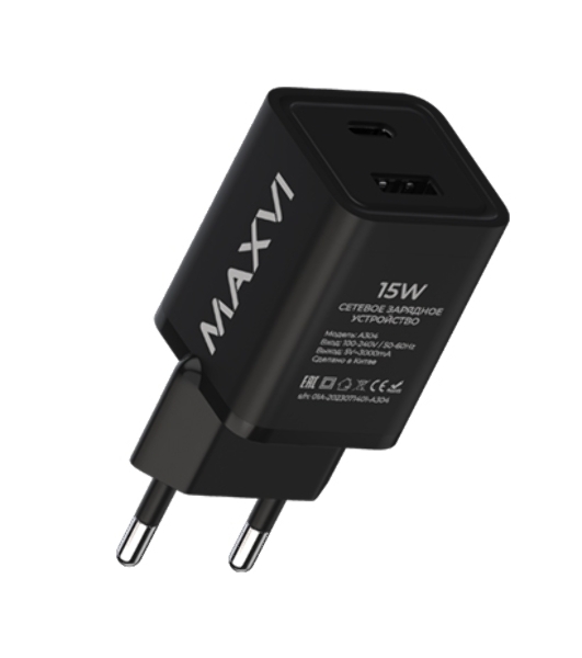 Сетевое зарядное устройство Maxvi A304 Type-C\USB 3A 15W, черный