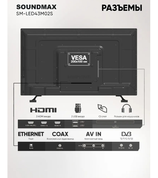 Телевизор Soundmax 43' SM-LED43M02S черный LED FHD 60Hz Android 1GB/8GB
