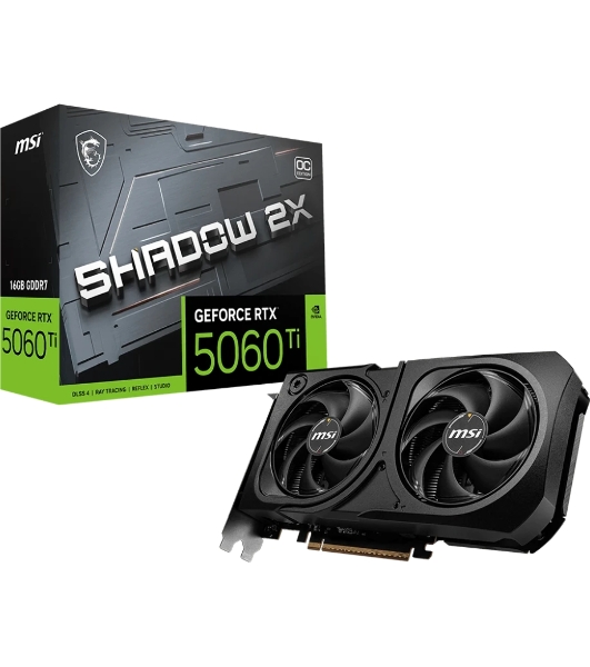 Видеокарта MSI RTX 5060 Ti 16G SHADOW 2X OC PLUS, NVIDIA RTX 5060 Ti, 16 ГБ GDDR7, 128 бит, PCI-e 5.0, 1xHDMI, 3xDP, 2617 МГц