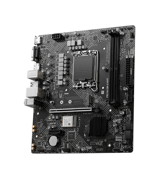 Материнская плата MSI PRO H610M-G WIFI, LGA 1700, Intel H610, 2xDDR5 (до 64 ГБ), 4xSATA, 1xM.2 (PCIe 3.0 x4), 1xPCIe 4.0 x16, 2xPCIe x1, 1xVGA, 1xHDMI, 1xDP, 1x1Gb LAN, Wi-Fi 5, Bluetooth 4.2, 4xUSB-A 5Gbps, 2xUSB-A 2.0, 1xPS/2, 3x3.5 мм, 7.1, чёрный, mATX
