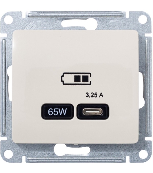 Розетка USB SE тип-C 65W высокоскор.заряд. QC, PD, мех. Glossa бежевый