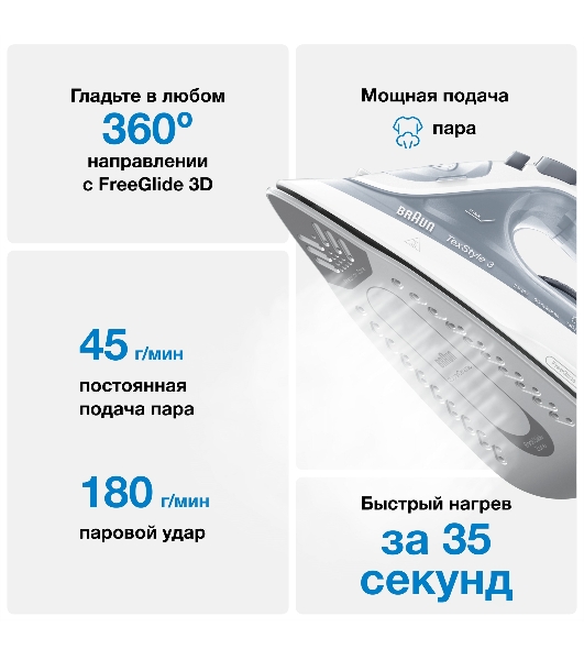Утюг Braun SI 3054 GY серый/белый, 2400 Вт, 45 г/мин, 180 г/мин, 270 мл