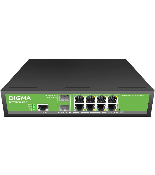 Коммутатор Digma DSW708G-2S-T, 8×1 Гбит/с + 2×1 Гбит/с SFP, управляемый