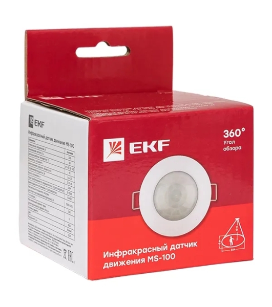Датчик движения EKF dd-ms-100 (ИК) MS-100 (ДД) встраив. 1200 Вт 360 град. до 6 м IP20