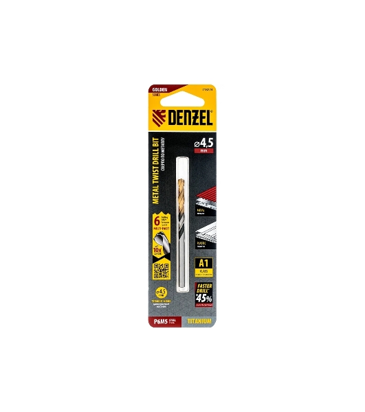 Сверло спиральное по металлу Denzel 4,5 x 80 мм, Р6М5, Golden Tip, многогранная заточка