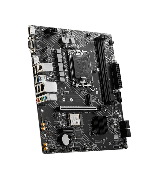Материнская плата MSI PRO H610M-G WIFI, LGA 1700, Intel H610, 2xDDR5 (до 64 ГБ), 4xSATA, 1xM.2 (PCIe 3.0 x4), 1xPCIe 4.0 x16, 2xPCIe x1, 1xVGA, 1xHDMI, 1xDP, 1x1Gb LAN, Wi-Fi 5, Bluetooth 4.2, 4xUSB-A 5Gbps, 2xUSB-A 2.0, 1xPS/2, 3x3.5 мм, 7.1, чёрный, mATX