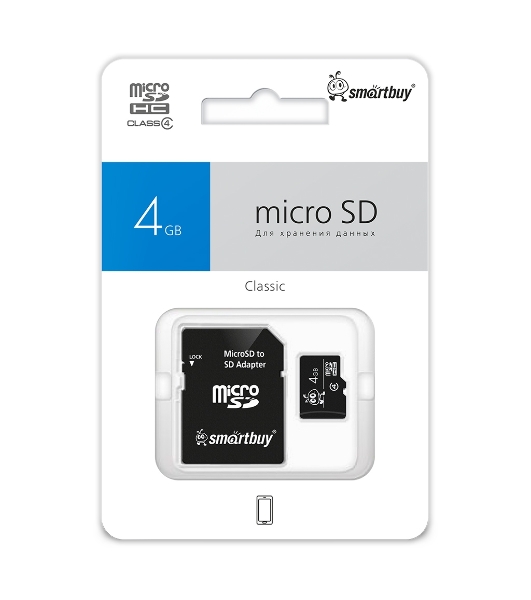 Флеш карта Micro SDHC 4Gb Smartbuy Сlass 4, адаптер в комплекте