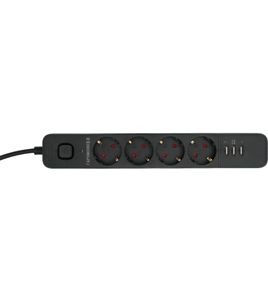 Сетевой фильтр Гарнизон 2.0 Мультипорт EPS-4-U3-B-2, 4 р, 10А, 3xUSB, 2 м, ур.защиты 2+, черный, пакет