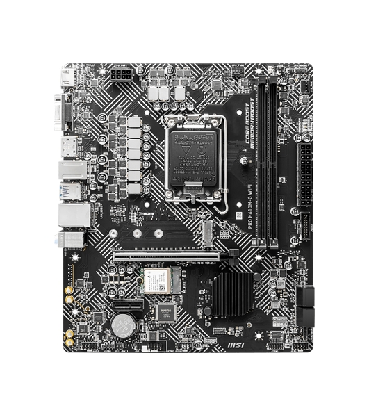 Материнская плата MSI PRO H610M-G WIFI, LGA 1700, Intel H610, 2xDDR5 (до 64 ГБ), 4xSATA, 1xM.2 (PCIe 3.0 x4), 1xPCIe 4.0 x16, 2xPCIe x1, 1xVGA, 1xHDMI, 1xDP, 1x1Gb LAN, Wi-Fi 5, Bluetooth 4.2, 4xUSB-A 5Gbps, 2xUSB-A 2.0, 1xPS/2, 3x3.5 мм, 7.1, чёрный, mATX