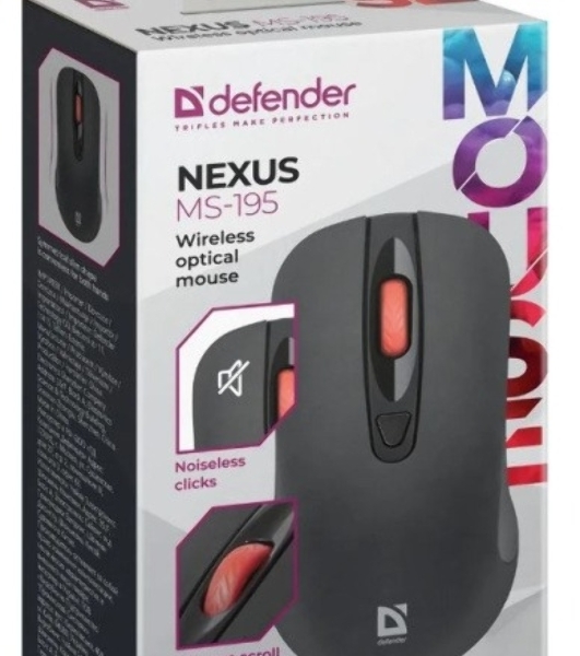 Мышь беспроводная Defender Nexus MS-195 черный, 1600 dpi, радиоканал, USB, кнопки - 4