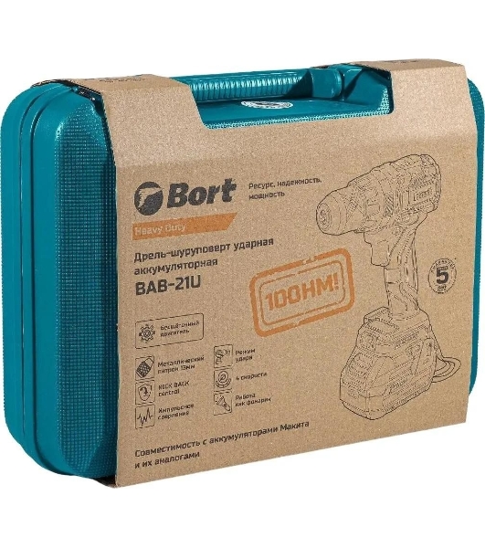 Дрель-шуруповерт Bort BAB-21U, 18 В, 4 Ач, 100 Нм, бесщеточный