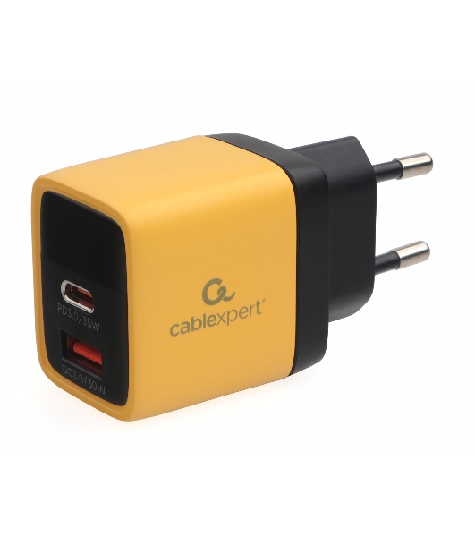 Сетевое зарядное устройство с дисплеем Cablexpert MP3A-PC-53, 35Вт GaN, QC3.0/PD3.0, 1хUSB, 1хType-C, желтый, коробка
