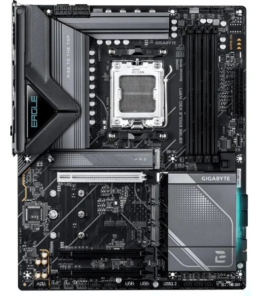 Материнская плата Gigabyte X870E EAGLE X3D WIFI7, AM5, AMD X870E, 4xDDR5, 4xSATA, 4xM.2, 1xPCIe 5.0 x16, 1xPCIe 4.0 x16, 1xPCIe 3.0 x16, 1xHDMI, 1x5Gb LAN, Wi-Fi 7, Bluetooth 5.4, 2xUSB-C 40Gbps (USB4), 1xUSB-C 10Gbps, 4xUSB-A 10Gbps, 4xUSB-A 5Gbps, 3x3.5 мм + S/PDIF оптический, 7.1, чёрный, с подсветкой, ATX