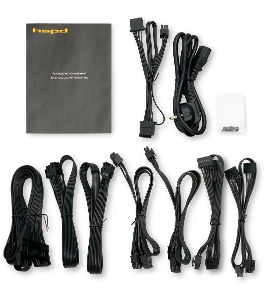 Блок питания Power Supply HSPD, 850W 80 PLUS Gold (ATX, 2.52, Full modular, 1x24(20+4)pin 600мм, 2xCPU 8(4+4)pin 700мм, 2xPCIe*2 8(6+2)pin 600+150мм, 2xSATA*3 500+150+150мм, 1xMOLEX*3 500+150+150мм, Active, 120x120мм, 150x140x86мм, APFC, OVP, OPP, SCP, UVP, OCP, OTP, NLO, SIP, black)