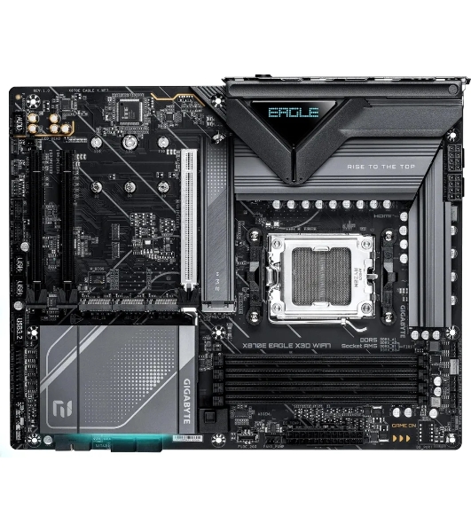 Материнская плата Gigabyte X870E EAGLE X3D WIFI7, AM5, AMD X870E, 4xDDR5, 4xSATA, 4xM.2, 1xPCIe 5.0 x16, 1xPCIe 4.0 x16, 1xPCIe 3.0 x16, 1xHDMI, 1x5Gb LAN, Wi-Fi 7, Bluetooth 5.4, 2xUSB-C 40Gbps (USB4), 1xUSB-C 10Gbps, 4xUSB-A 10Gbps, 4xUSB-A 5Gbps, 3x3.5 мм + S/PDIF оптический, 7.1, чёрный, с подсветкой, ATX