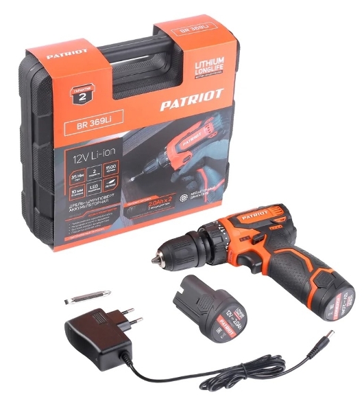 Дрель-шуруповерт Patriot BR 369Li, 12 В, 2 Ач, 35 Нм, бесщеточный
