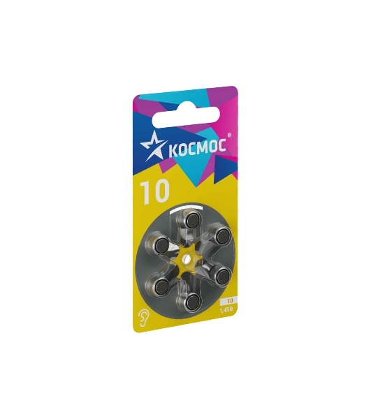 Батарейка воздушно-цинковая для слухового аппарата ZA10 (10 PR70 DA230 V10) 1.45В (уп.6шт) КОСМОС KOCZA-10BL6