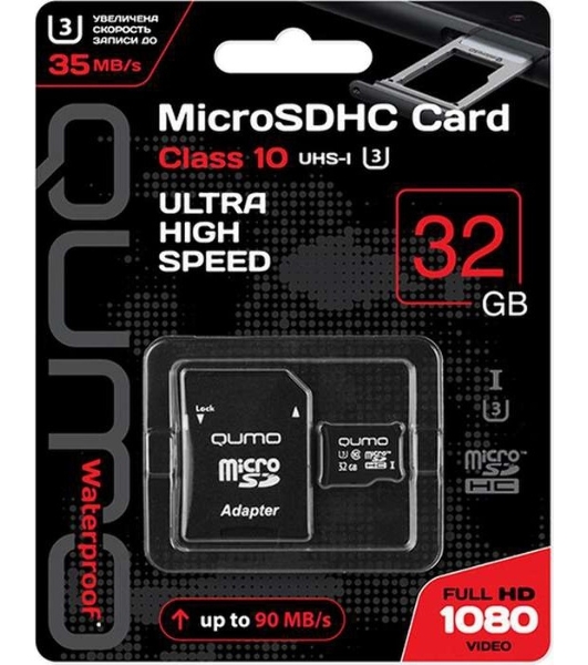 Флеш карта QUMO MicroSDHC 32Gb Сlass 10 UHS-I U3,3.0, адаптер в комплекте SD, черно-красная картонная упаковка (QM32GMICSDHC10U3)