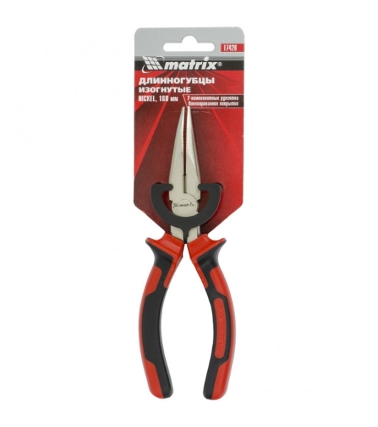 Длинногубцы Matrix 17420 NICKEL 160 мм, изогнутые никелированные, двухкомпонентные рукоятки