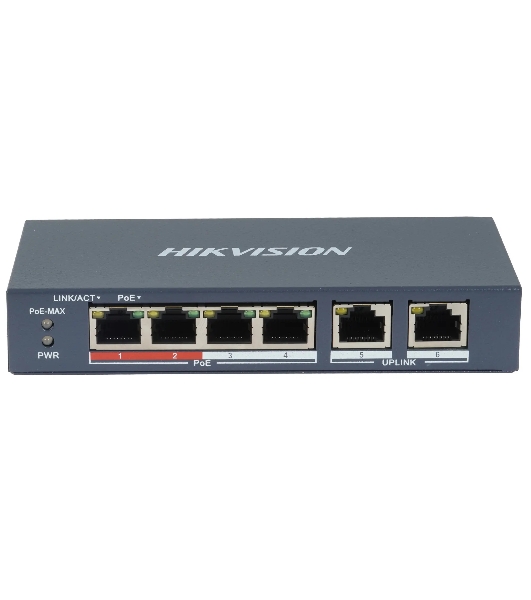 Коммутатор Hikvision DS-3E0106P-E/M(B), 4×100 Мбит/с PoE + 2×100 Мбит/с, неуправляемый