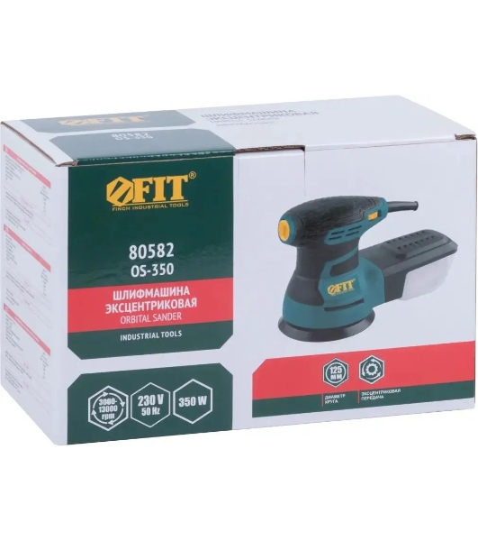 Шлифмашина эксцентриковая FIT OS-350, 350 Вт, 3000-13000 об/мин, 125 мм, 1,5 кг, липучка, пластик. контейнер, коробка