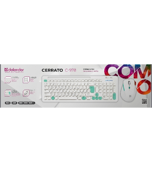 Комплект клавиатура+мышь Defender Cerrato C-978 беспроводной, USB, 1600 DPI, белый/голубой