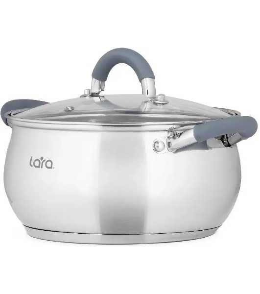 Кастрюля LARA LR02-483 BELL 22x12,5 см, 4,7 л, нержавеющая сталь 316L (хром/никель/молибден), индукционное дно, силиконовая ручка, стеклянная крышка