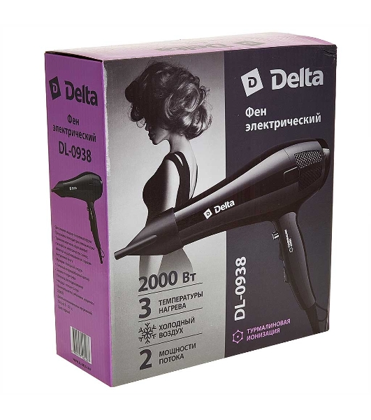 Фен Delta DL-0938 черный, 2000 Вт, ионизация